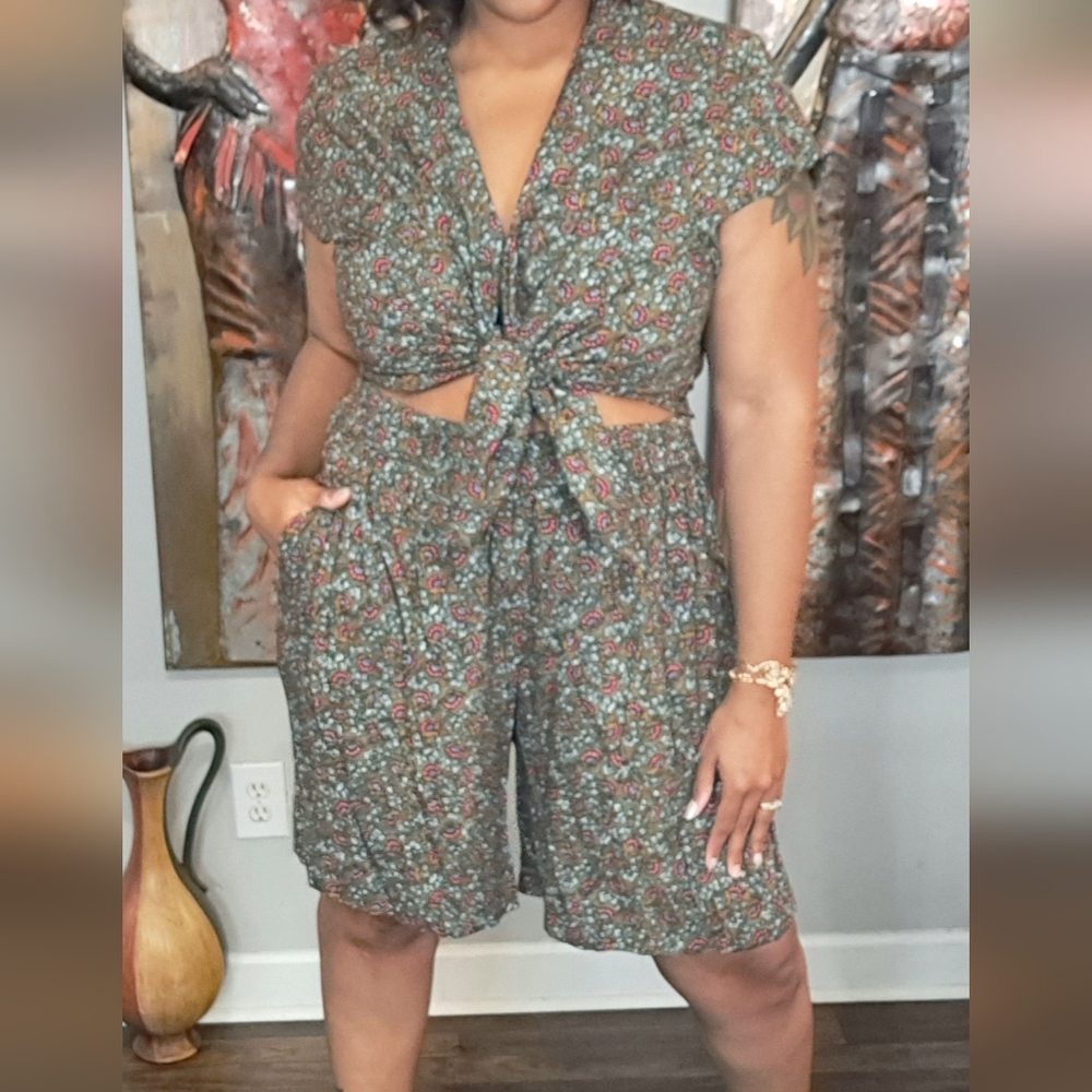 Vtg Olive Green Floral Short Set Size 3X (Best Fits 2X)